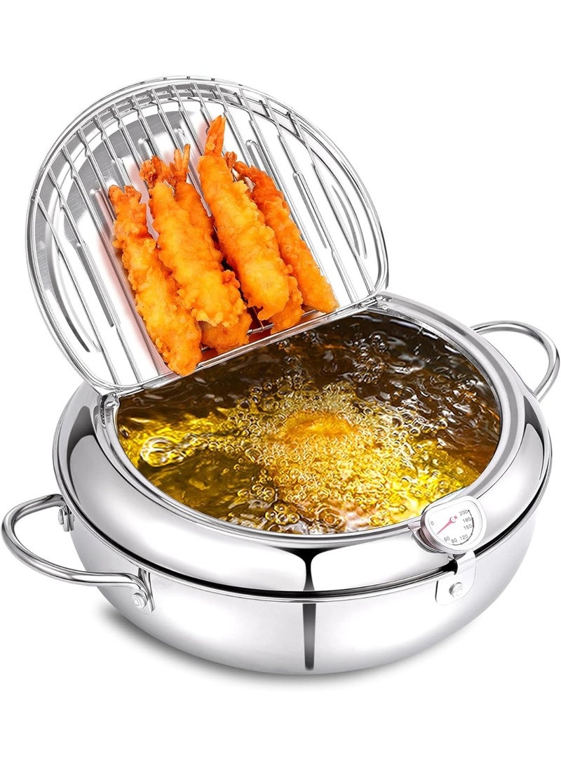 قدر قلي عميق على الطريقة اليابانية سعة 2.2 لتر - مقلاة متينة من الفولاذ المقاوم للصدأ مزودة بمقياس حرارة، ورف لتصفية الزيت، وغطاء مناسب لقلي التمبورا، والسمك، والروبيان، والدجاج، والبطاطس المقلية - Image 1